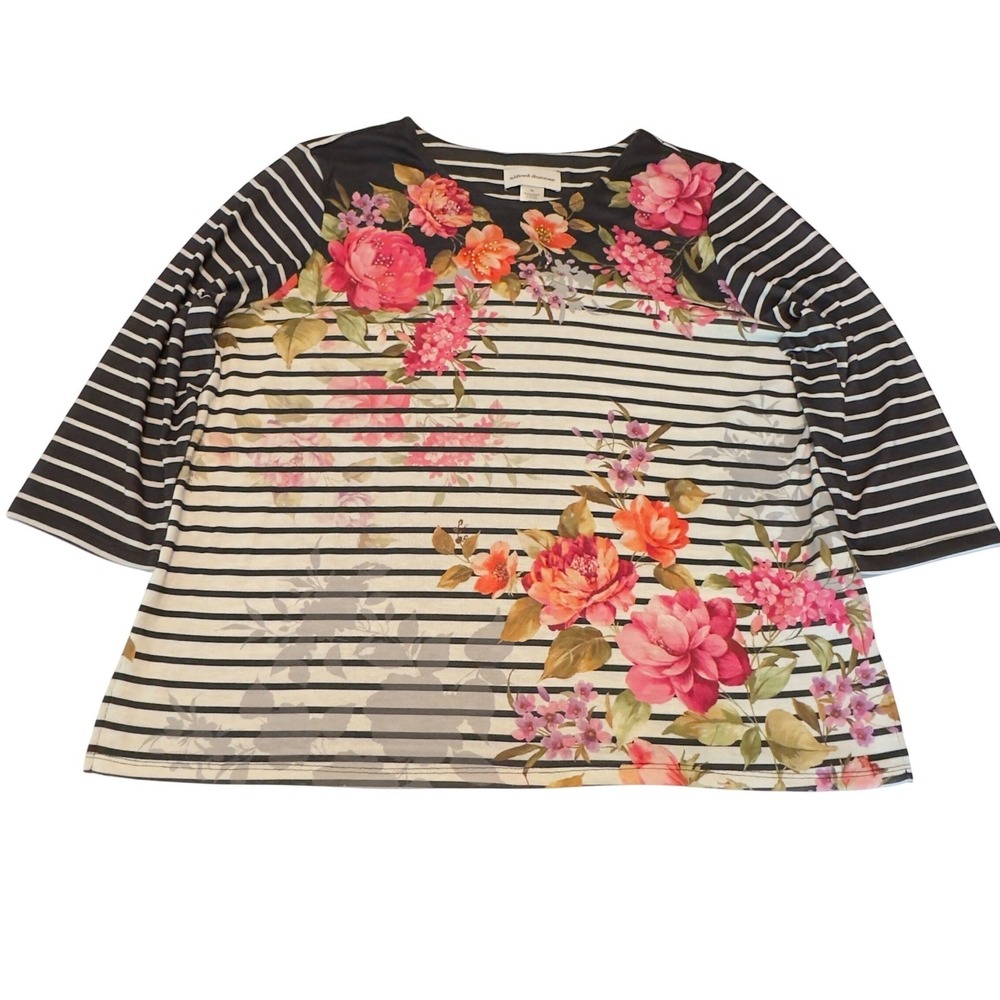 Alfred Dunner Women XL Floral Stripe Embellished 3/4 Sleeve Top Black White Pink
